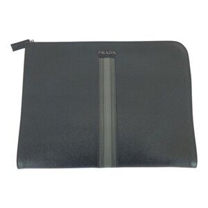 Prada Saffiano L-shaped Zipper Black Gray Silver Hardware Leather Clutch Bag